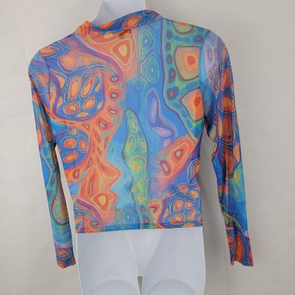 POSTER GIRL Womens 2X Mesh Crop Top Blue Orange Tie Dye Button Up Long Sleeve - Picture 4 of 11